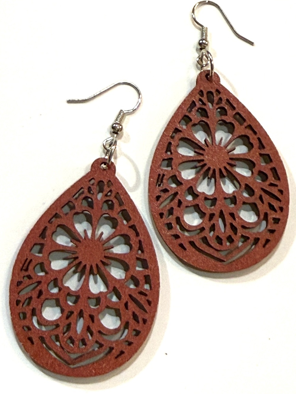 Wooden Floral Teardrop Filigree Earrings - Rust Brown/Terra Cotta